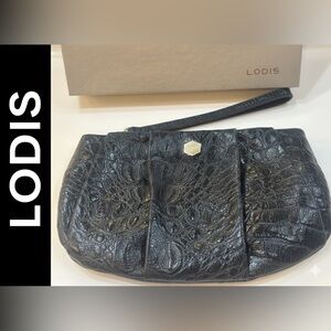Lodis Caiman/Alligator Black Textured Leather Wristlet NIB Zip Top Wristlet
